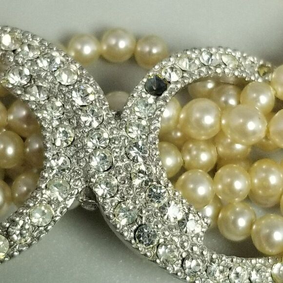 Vintage Six Strand Faux Pearl and Rhinestone Clasp Bracelet, Retro Fancy Formal - Picture 5 of 10
